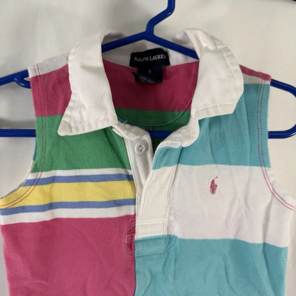 Ralph Lauren Shirt Baby Girl 5 Colorblock Pink Blue Sleeveless Collared Tank Top